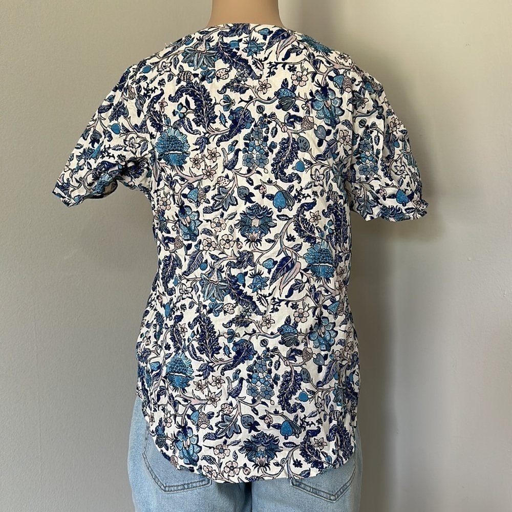 Women's Floral Top Shirt Blouse (8L98M9) Blue White Strings - Picture 2 of 4